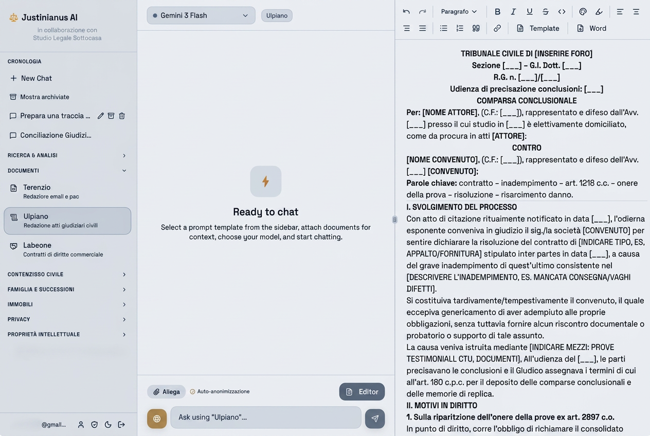 Schermata di Justinianus AI con editor documento e bozza di comparsa conclusionale