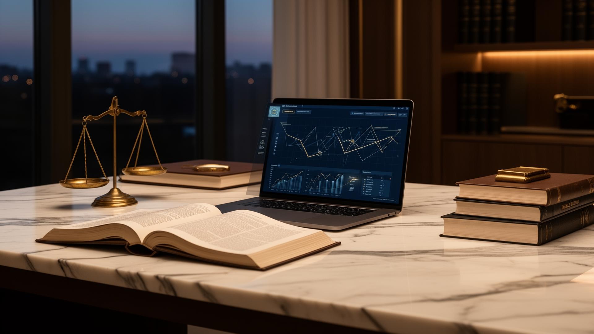 Studio legale moderno con codici, bilancia e strumenti digitali di analisi giuridica